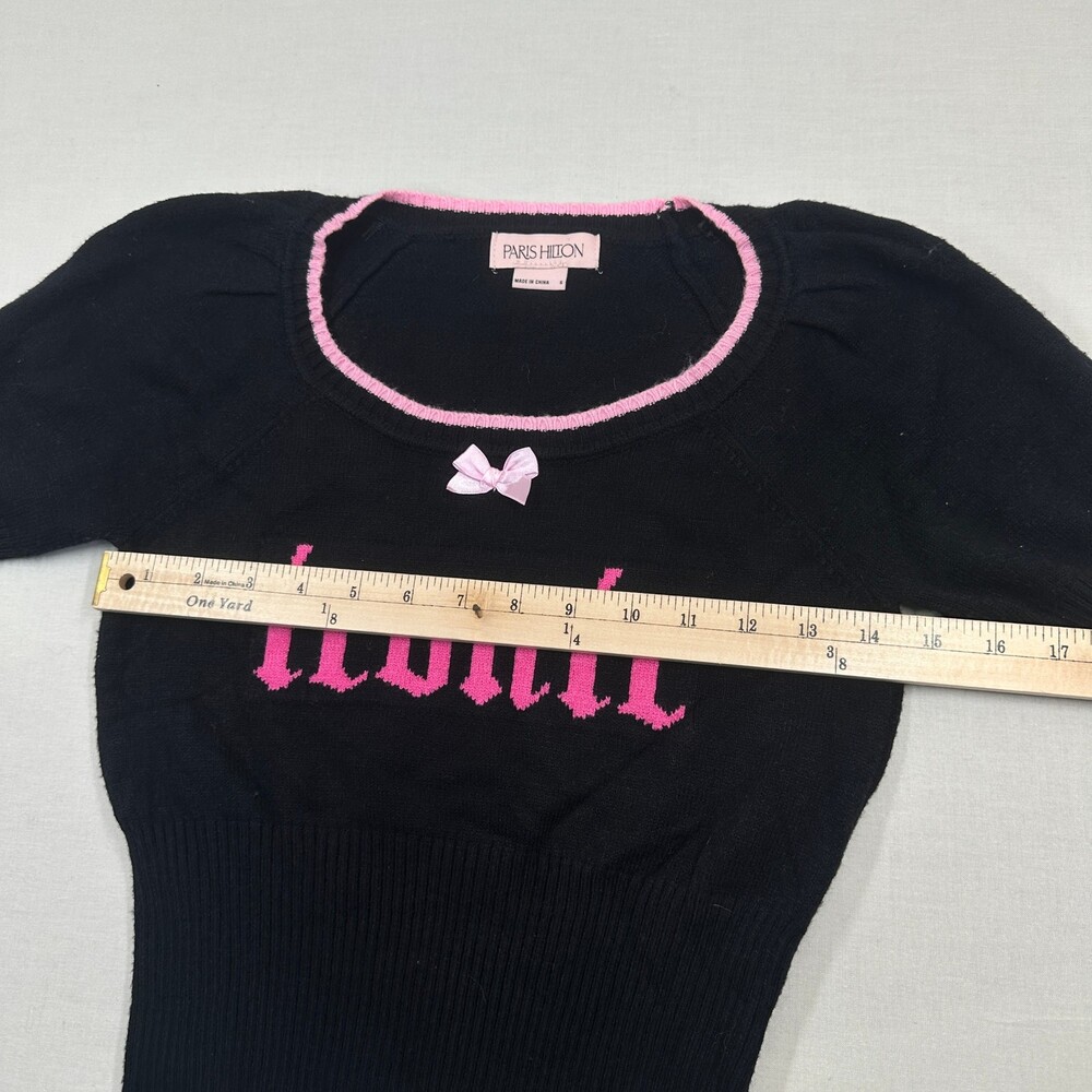 Y2K Paris Hilton Graphic Crop Sweater Bow Detail Black Pink S - Picture 8 of 12